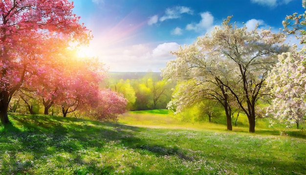spring landscape with trees and sunny morning lights