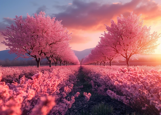 Foto paesaggi primaverili con alberi in fiore campi di fiori in fiore giorni di sole luminoso