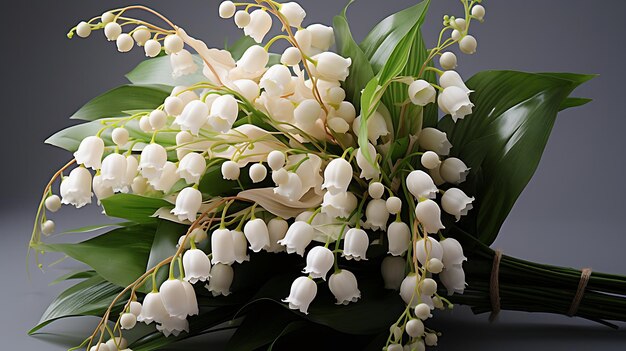 Spring lily of the valley flowers bouquet on white background flat lay top view h generative ai