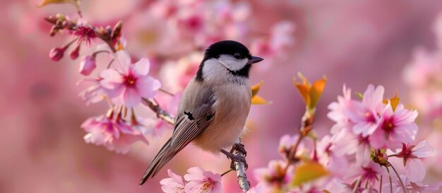 In spring a magnificent chickadee bird sat on a blossoming cherry twig