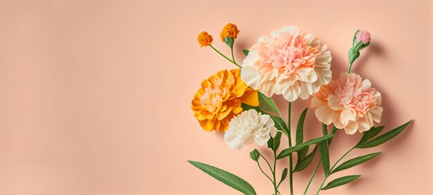 Spring marigold flowers on pink pastel background top view in flat lay style Greeting for Womens or Mothers Day or Spring Sale Banner Generative Ai