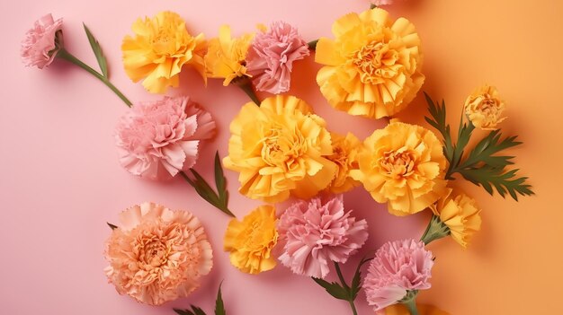 Spring marigold makes on pink pastel establishment beat see in level lay organize AI Generated