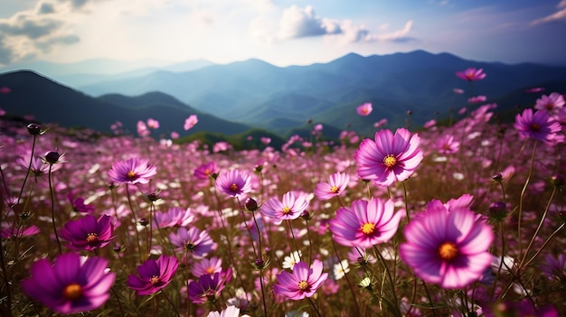 春の草原 緑の草と青い空に彩った花