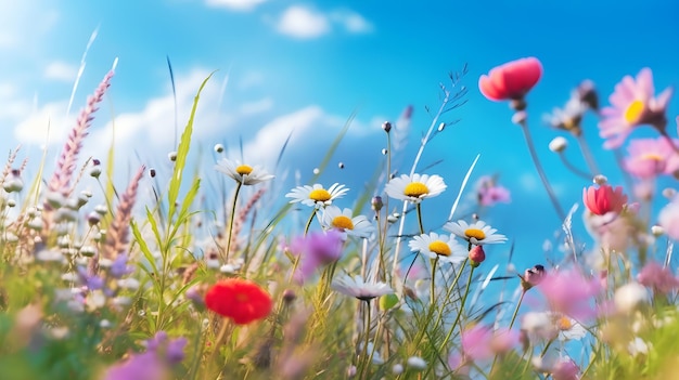 Spring meadow colorful flowers in green grass and blue sky