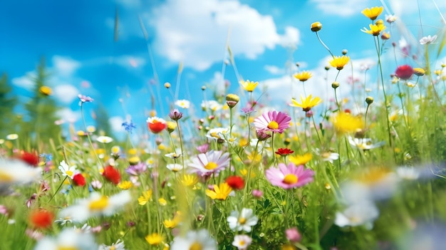 봄의 초원, 푸른 풀과 파란 하늘 속의 다채로운 꽃