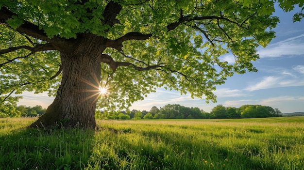 Spring meadow with big tree with fresh green leaves