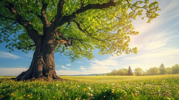 Spring meadow with big tree with fresh green leaves