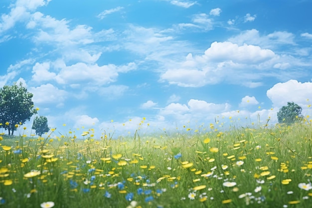 Photo spring meadow with daisies and blue sky with white clouds