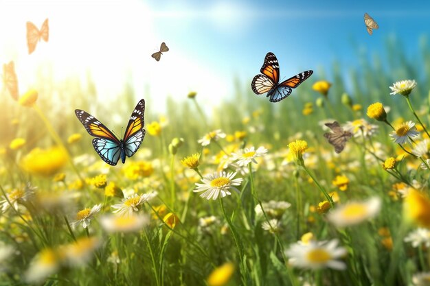 Spring meadow with flowers and butterflies Nature background 3d rendering