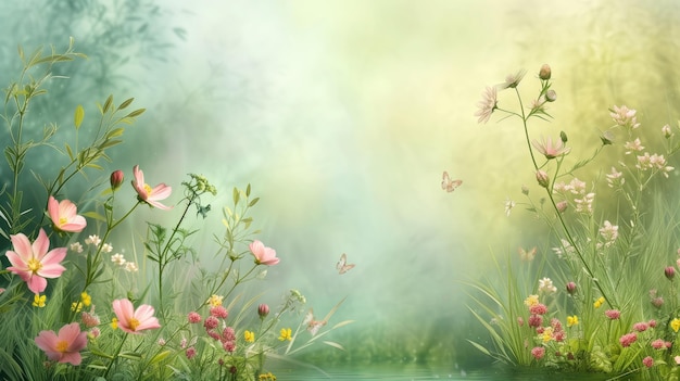 Spring meadow with wildflowers and butterflies