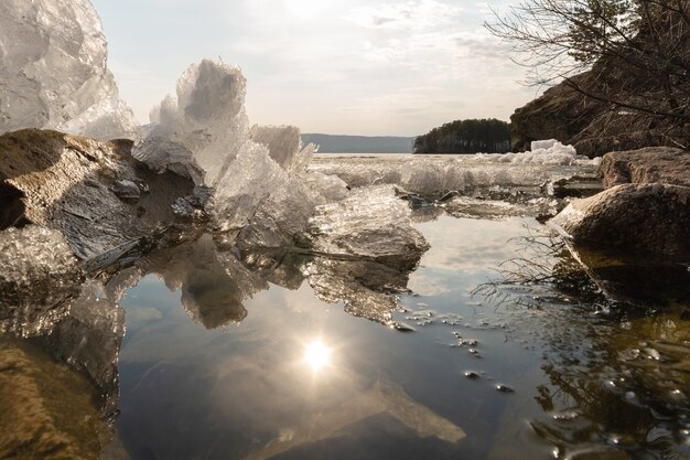 Весеннее таяние льда в озере, отражение льда и солнца в воде, предзакатное время