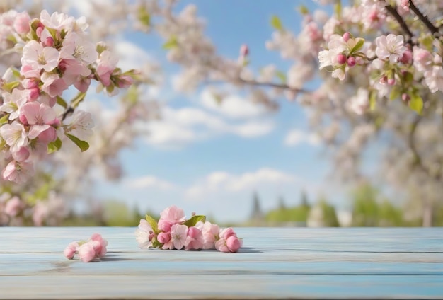 Spring mockup with wooden desk and blossom trees