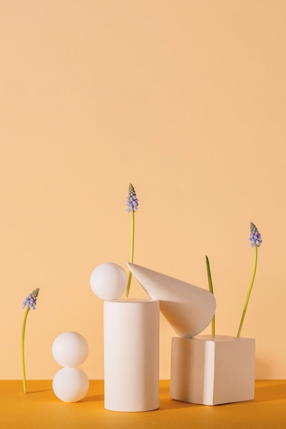 Spring modern still life with geometric shapes and blue muscari flowers on a neutral