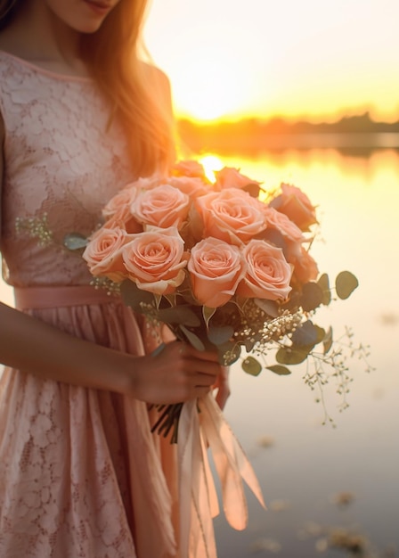 spring mood Young girl holding a beautiful wedding bouquet flower arrangement with p Generative AI