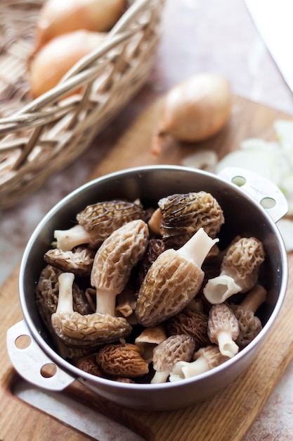 Spring Morel mushrooms in a metal bowl