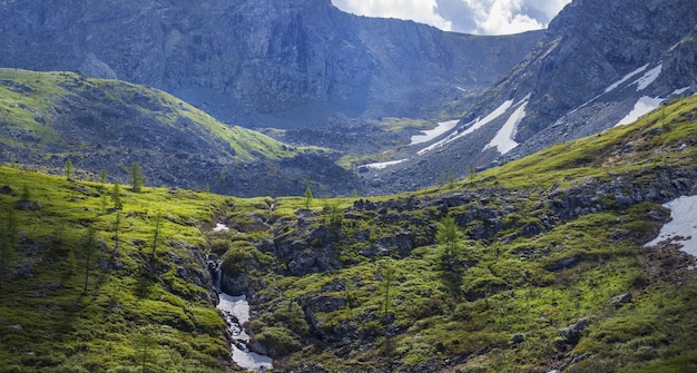 Spring in the mountains with snow on the slopes and greenery