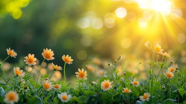 꽃과 함께 자연스러운 봄 나크그라운드 태양 화염과 복사 공간