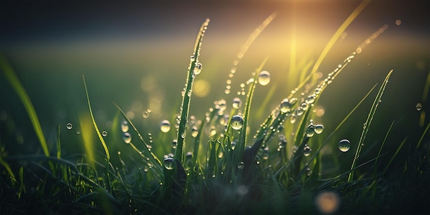 Spring nature background of grass at sunrise with morning's dew