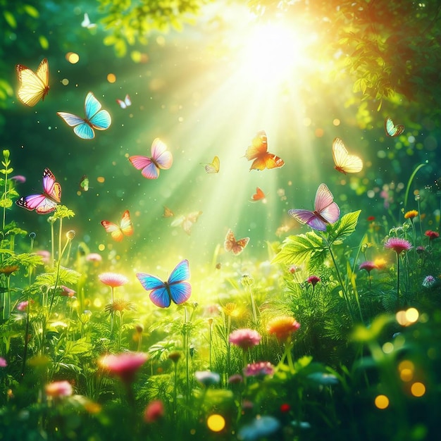 Spring nature background with green grass flowers and butterflies