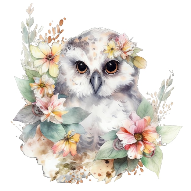 Spring owl watercolor illustration spring clipart