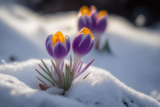 Spring painting with purple crocuses under the snow under the rays of the sunThe beauty of nature Generative AI