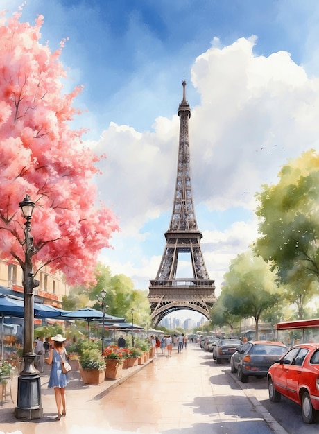 Spring in paris watercolor eiffel tower and street