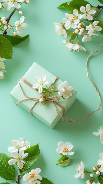 Spring pastel colors banner on green gift box with pink ribbon among flowers cherry blossoms mothers