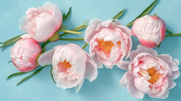 Spring peony flowers on blue pastel background