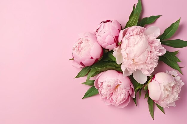 Spring peony flowers bouquet on pastel background top view in flat lay style Generative AI