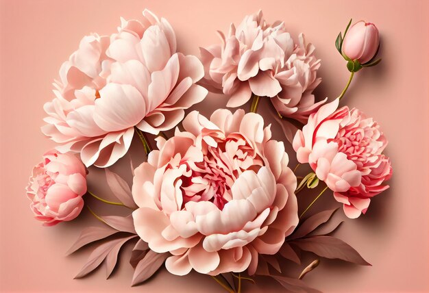 Spring peony flowers on pink pastel background top view in flat lay style Greeting for Womens or Mothers Day or Spring Sale Banner Generative Ai