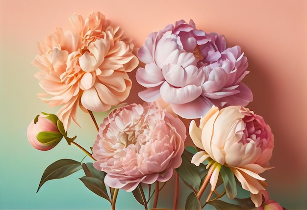 Весенние цветы пиона на розовом пастельном фоне вид сверху в стиле плоской планировки Поздравление с Днем женщин или Матери или Весенняя распродажа Баннер Generative Ai