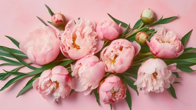 Spring peony flowers on pink pastel background