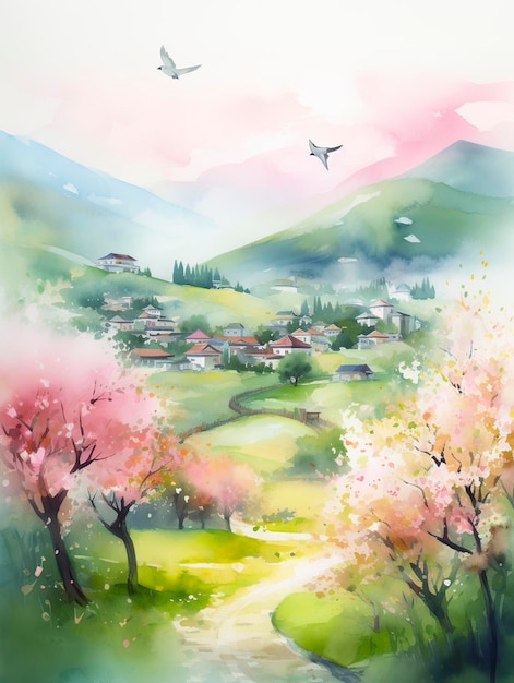 In spring pink peach trees green mountains ancient buildings a few swallows a lot of white space fog fresh and bright colorsWatercolor children's illustration generat ai
