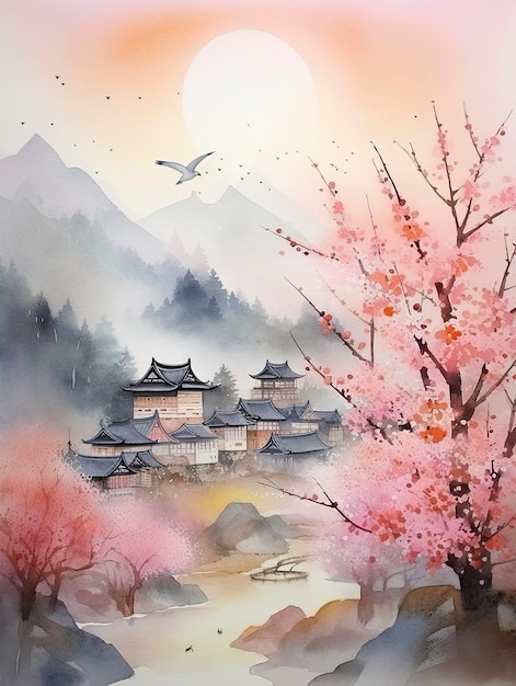 In spring pink peach trees green mountains ancient buildings a few swallows a lot of white space fog fresh and bright colorsWatercolor children's illustration generat ai