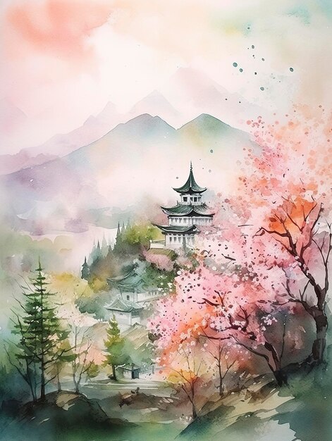 In spring pink peach trees green mountains ancient buildings a few swallows a lot of white space fog fresh and bright colorsWatercolor children's illustration generat ai