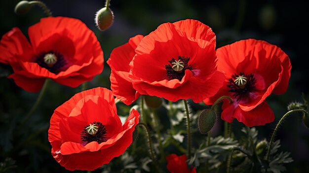 Spring poppies beautiful red flowers and buds