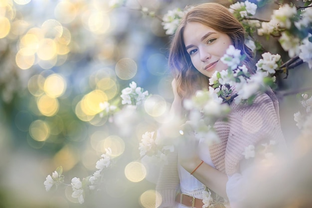 spring portrait of an adult happy woman in a blooming garden, sun rays and glare, april flowers girl