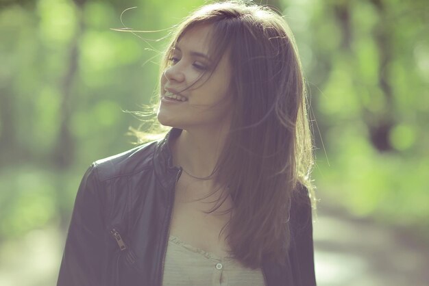 Spring portrait of young beautiful brunette