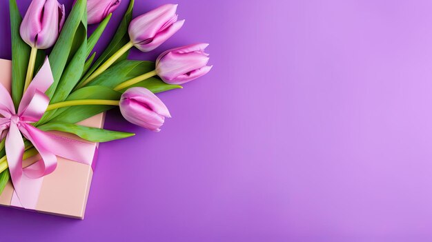 Spring purple tulip bouquet and gift box present