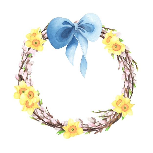 Spring pussy willow wreath watercolor with daffodil colored eggs blue bow isolated Hand drawing Easter illustration