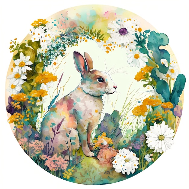 Весенний кролик с яркими цветами в круглой акварельной композиции Generative AI