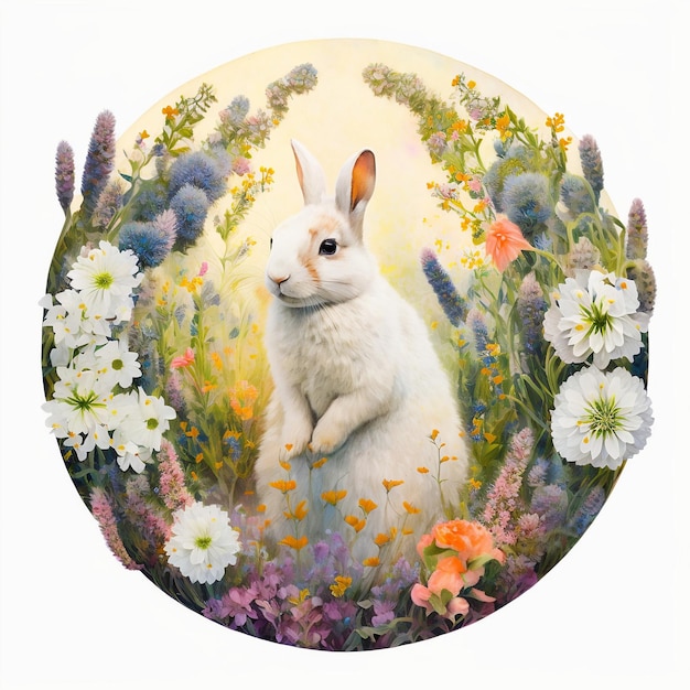 Spring rabbit with vibrant flowers in circular watercolor composition Generative AI