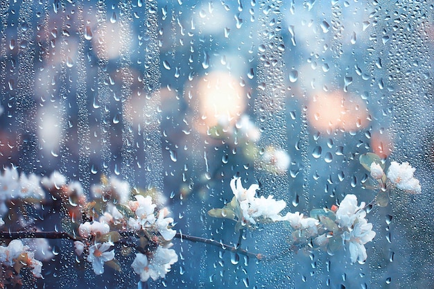 spring rain in blooming garden, concept freshness nature weather seasonal background