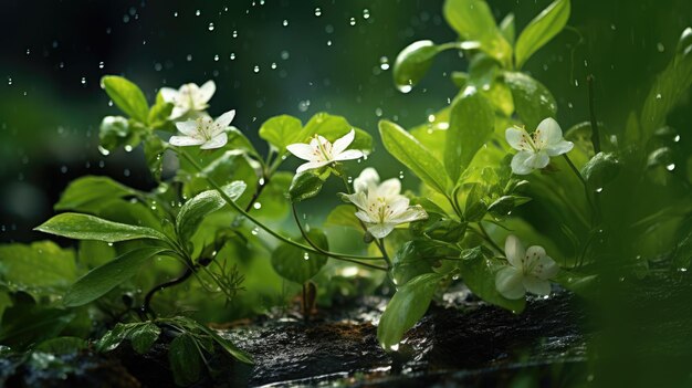 Весенний дождь падает на свежую зелень и омывает первые цветы.