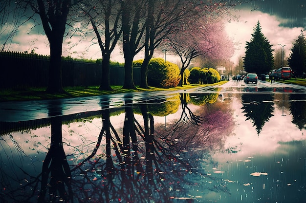 Spring rain with reflections on puddles on the city street