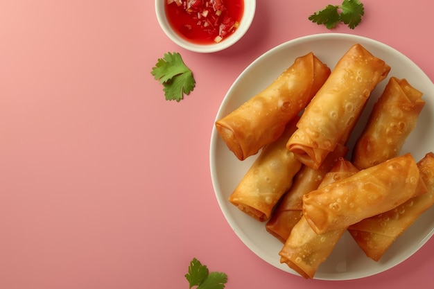 spring roll and chili sauce on background