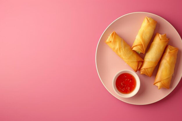 spring roll and chili sauce on background