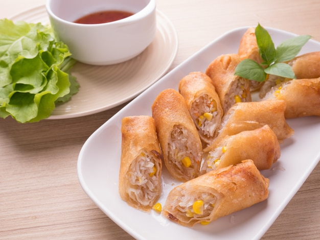 spring roll on wood table