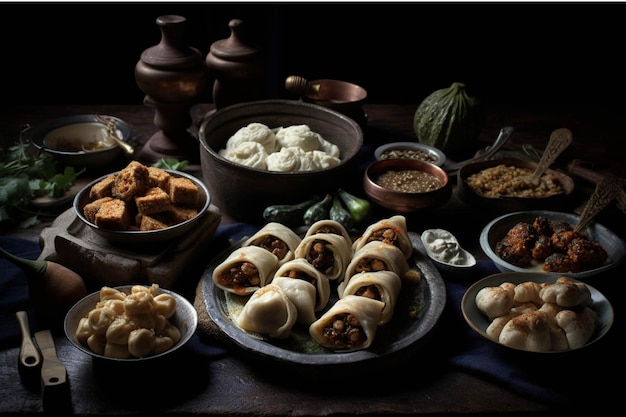 Spring rolls with meat and vegetables on a wooden background Selective focus