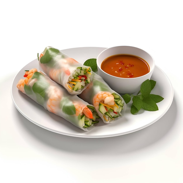 Photo spring rolls with shrimps and vegetables on a white background